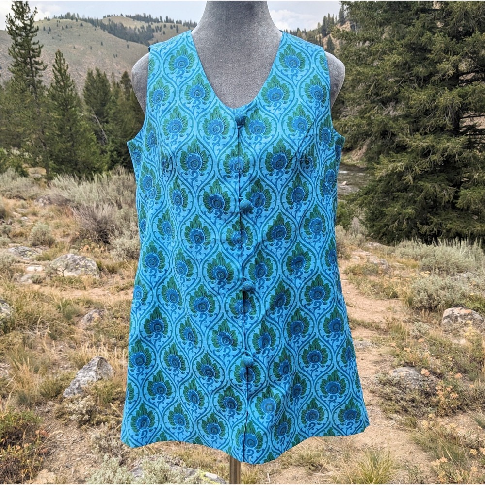 Vintage 60s Mod Floral Damask Print Button Up Top S/M Blue Sleeveless Boho Tunic